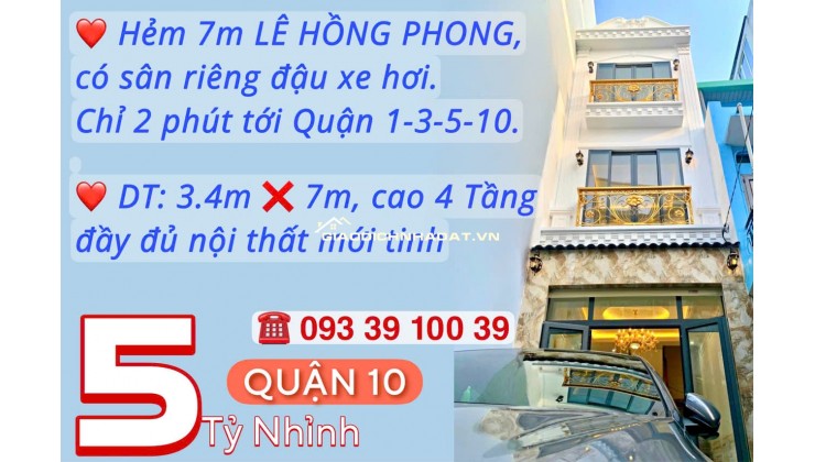 Bán nhà Q10, hẻm 7m có sân oto riêng, cao 4 tầng FullNT: Nhỉnh 5 tỷ.LH: 0933910039