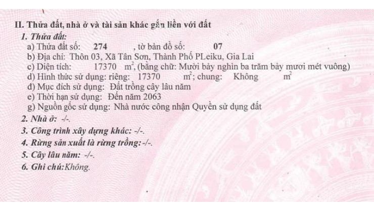 CẦN BÁN GẤP LÔ ĐẤT RỘNG 17.370M² – MẶT TIỀN ĐƯỜNG NHỰA 8M – TP. PLEIKU, GIA LAI