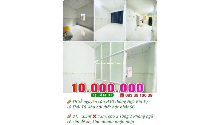 HIẾM: 10 TRIỆU/TH- THUÊ NGUYÊN CĂN 2 TẦNG 2 PHÒNG NGỦ- HẺM XE HƠI- QUẬN TRUNG TÂM. LH: 0933910039