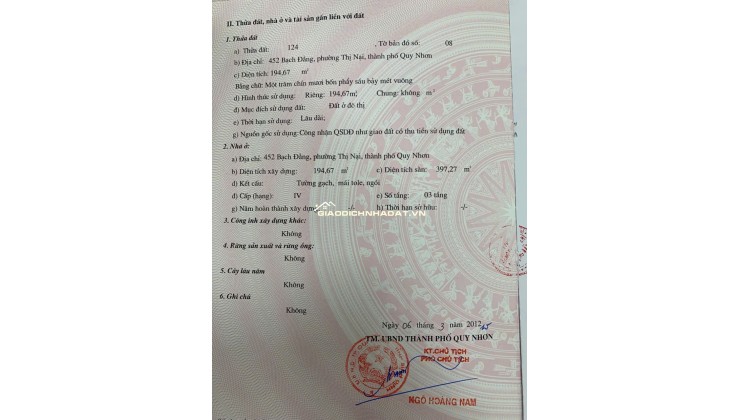 CHÍNH CHỦ BÁN NHÀ MẶT TIỀN 3 TẦNG, NGAY TTTP QUY NHƠN – 194,67M2 CHỈ 20 TỶ, LH:0983729758.