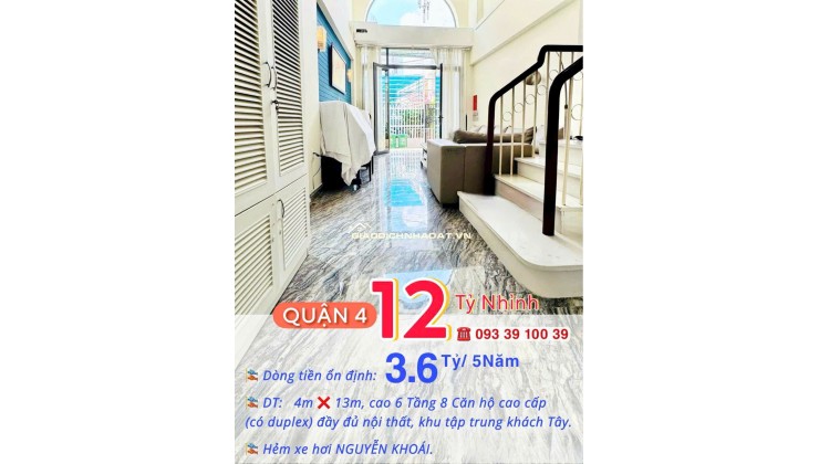 Bán nhà Quận 4- Doanh thu 3.6 tỷ/5năm- 6 Tầng 8 Căn hộ cao cấp duplex 52m2- HXH Nguyễn Khoái: 12 Tỷ