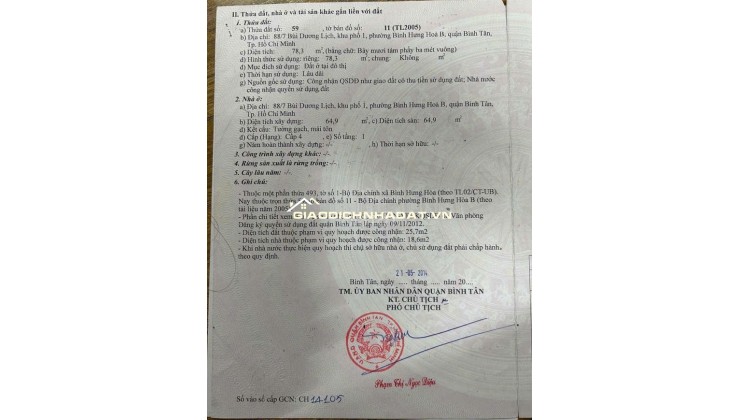 Bán nhà cấp 4 số 88/7 Bùi Dương Lịch P. Bình Hưng Hoà B Bình Tân