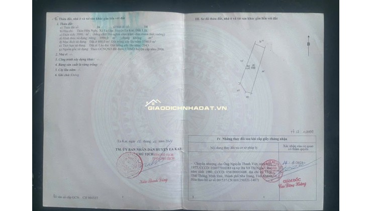 BÁN ĐẤT TẠI EA KAR DAK LAK, DT 3990M2, SHR, CHỈ 600K/M2. LH:0909149394.