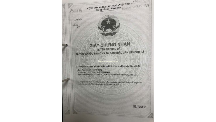 BÁN NHÀ MẶT TIỀN QL1A, HIỆP BÌNH PHƯỚC, DT 100,6M2, SHR, CHỈ 4.9 TỶ. LH:0765659378.