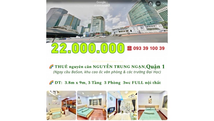 22 Triệu: thuê nguyên căn Quận 1 Nguyễn Trung Ngạn cầu Ba Son- 3 tầng 3 phòng ngủ 3wc Full nội thất