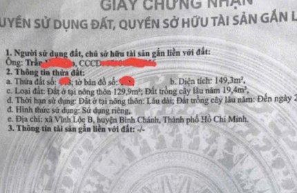 BÁN GẤP – ĐẤT 150m² (Thổ cư 129,9m²) – Đường Công Nghệ Mới, Vĩnh Lộc B – Nhỉnh 3 Tỷ