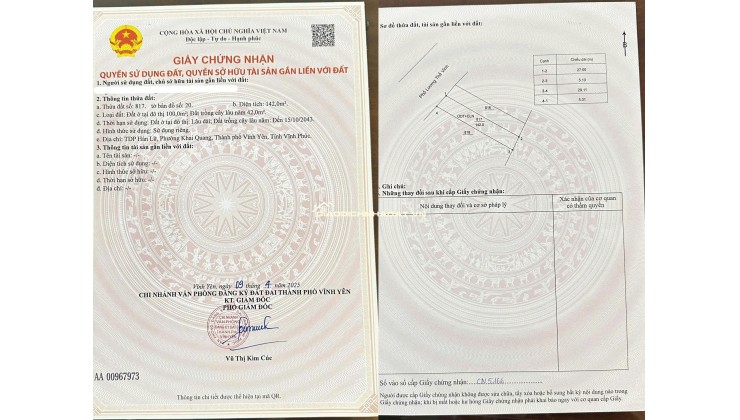 Bán đất thổ cư mặt đường trung tâm thành phố Vĩnh Yên, Vĩnh Phúc