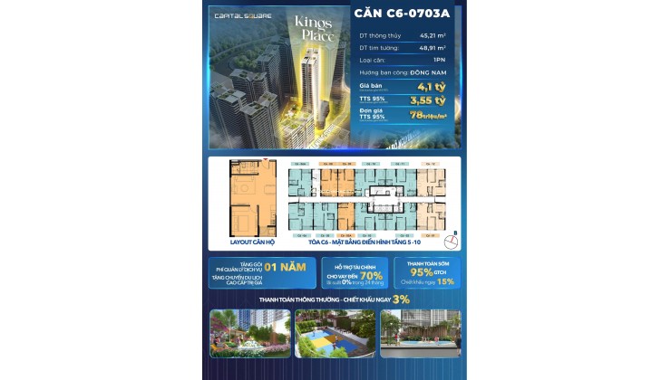 Căn hộ 1 phòng ngủ tại dự án Capital Square Đà Nẵng – Tòa C6 Kings Place