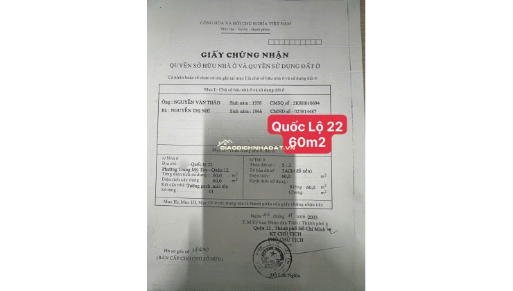 Bán nhà 60m2 mặt tiền Quốc Lộ 22 , Phường Trung Mỹ Tây Q12