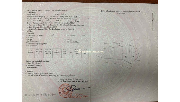 bán đất mặt đường QL6, KỲ Sơn, Hòa Bình 420m giá 7 tỷ