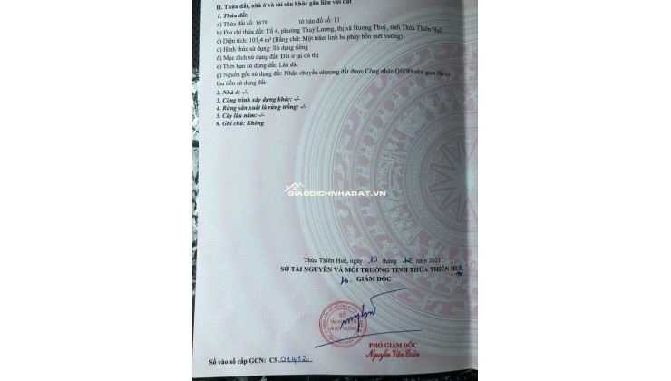 BÁN Đất Tổ 4, Phường Thuỷ Lương,Hương Thuỷ, Thành Phố Huế