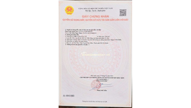 Bán đất thổ cư Hóc Môn, đường Phùng Thị Chuyện, 226m2, SHR, giá 7 tỷ - LH: