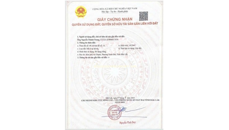 BÁN ĐẤT TẠI SÔNG CẦU PHÚ YÊN, DT 145M2 SHR 1.35 TỶ. LH: 0942908536