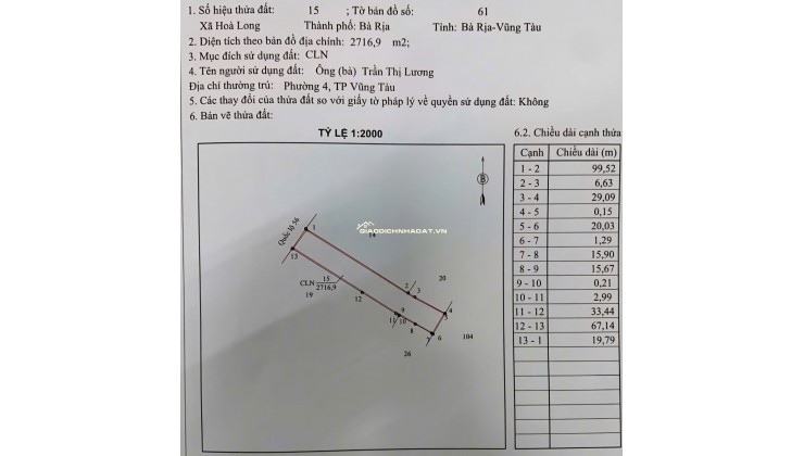 BÁN 2716M ĐẤT MẶT TIỀN QUỐC LỘ 56 XÃ HÒA LONG BRVT GIÁ 28 TỶ. LH:0937652763.