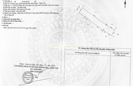 BÁN 2716M ĐẤT MẶT TIỀN QUỐC LỘ 56 XÃ HÒA LONG BRVT GIÁ 28 TỶ. LH:0937652763.