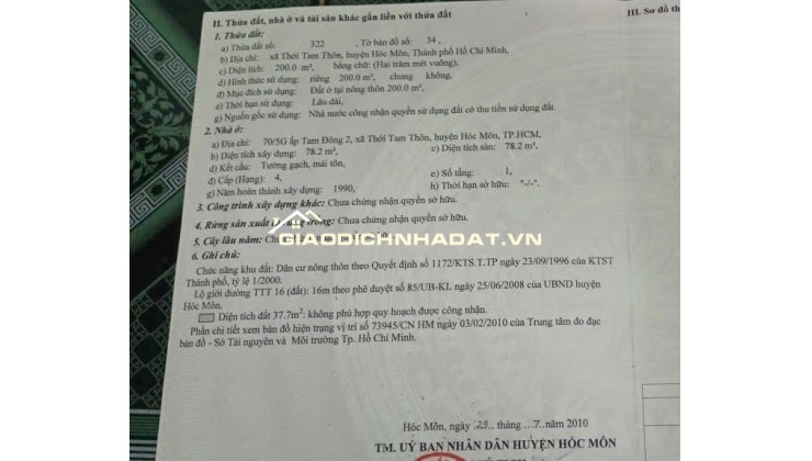 Bán nhà và đất 200m2 mặt tiền đường lớn xã Thới Tam Thôn Hóc Môn