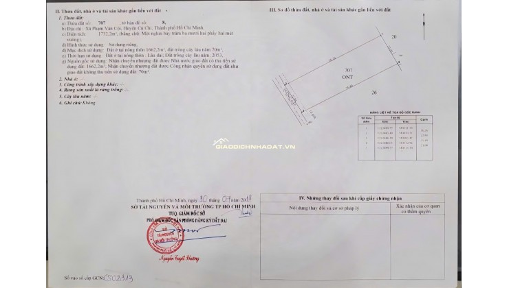 BÁN 1732 M² ĐẤT ĐƯỜNG PHẠM VĂN CỘI CỦ CHI. GIÁ 12TR/M2. LH:0906735462