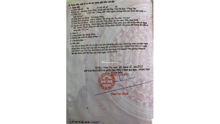 BÁN 1025 M² ĐẤT PHƯỜNG KIM DINH (LONG HƯƠNG MỚI) GIÁ RẺ. LH:0906735462.