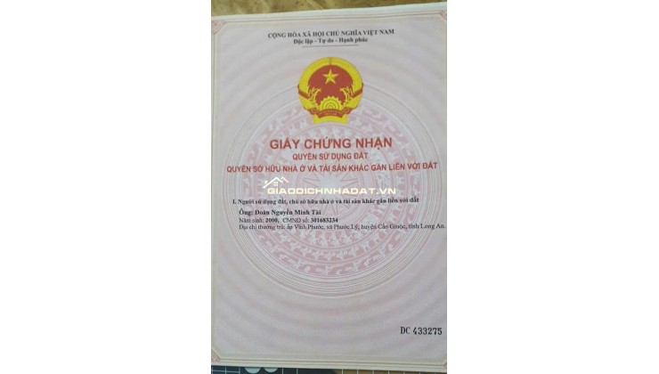 Bán 223m2 đất thổ cư 2 mặt tiền Phước Lý, Cần Giuộc, Long An, Giáp Bình Chánh, 3.9tỷTL. Lh:0908242626, 0904413938.