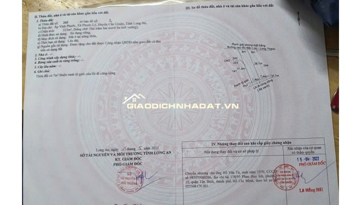 Bán 223m2 đất thổ cư 2 mặt tiền Phước Lý, Cần Giuộc, Long An, Giáp Bình Chánh, 3.9tỷTL. Lh:0908242626, 0904413938.