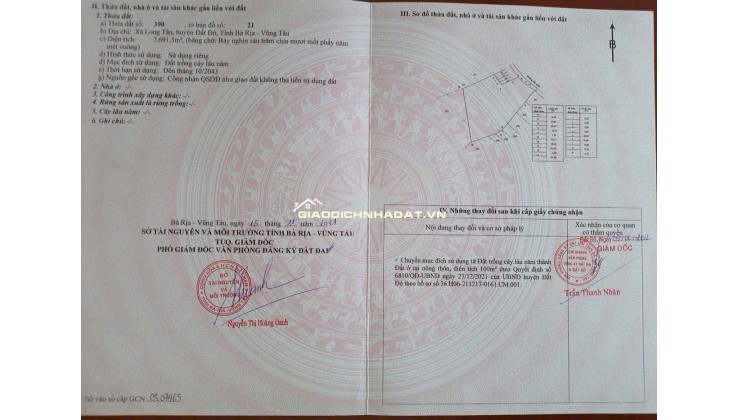 BÁN 7691.5 M² ĐẤT XÃ LONG TÂN, ĐẤT ĐỎ GIÁ 3 TỶ / SÀO. LH:0938677702.