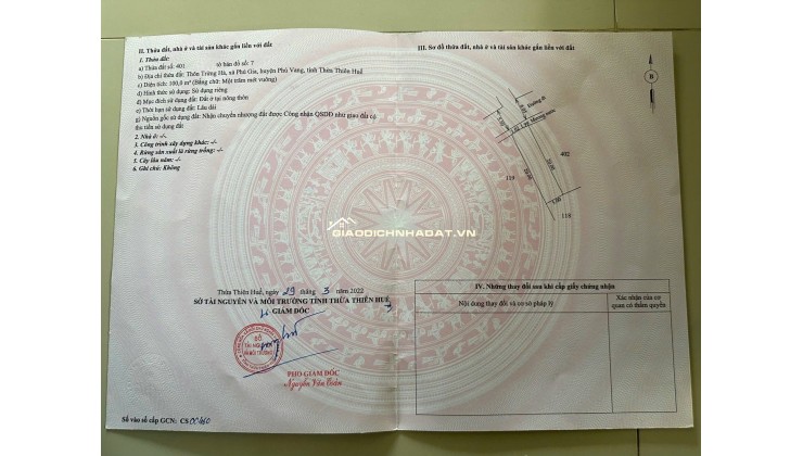 Bán đất tại Phú Gia, Xã Phú Vang, Thành Phố Huế DT: 100 m2 SHR: 620tr. LH: 0906529275