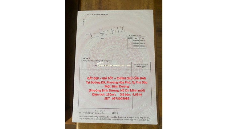 ĐẤT ĐẸP – GIÁ TỐT  – CHÍNH CHỦ CẦN BÁN Tại Đường D9, Phường Hòa Phú, Tp Thủ Dầu Một, Bình Dương