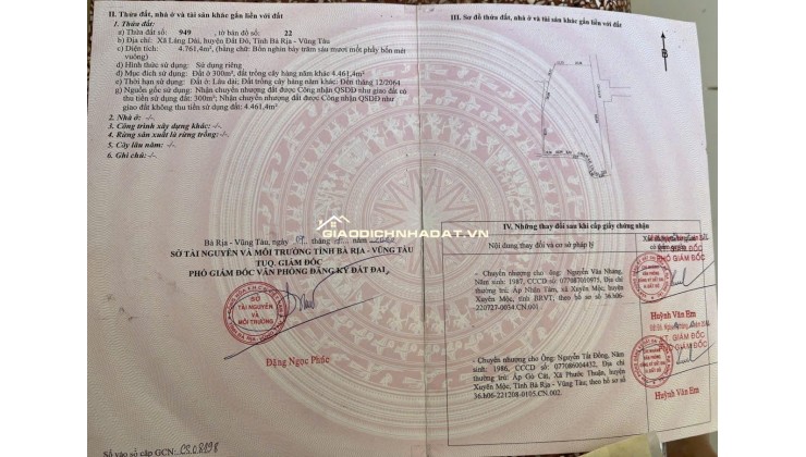 BÁN 4761m2 ĐẤT XÃ LÁNG DÀI, NGAY CHỢ LÁNG DÀI, HUYỆN ĐẤT ĐỎ BÀ RỊA (NAY LÀ XÃ ĐẤT ĐỎ - HCM)