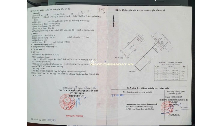 BÁN NHÀ SƠN KỲ, TÂN PHÚ: DT 72,7 M2 (1T1L) SẴN SỔ HỒNG, CHỈ 6.7 TỶ TL. LH:0932688139