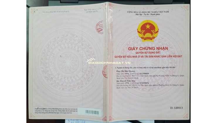 BÁN NHÀ VÀ ĐẤT TẠI P.BÌNH TRỊ ĐÔNG A - DT 126M2 - SHR - 8.7 TỶ TL. LH:0932688139