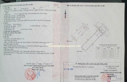 BÁN NHÀ SƠN KỲ, TÂN PHÚ: DT 72,7 M2 (1T1L) SẴN SỔ HỒNG, CHỈ 6.7 TỶ TL. LH:0932688139