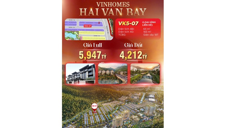 BÁN BIỆT THỰ LIỀN KỀ 63M2 GẦN BIỂN TẠI DỰ ÁN VINHOMES HẢI VÂN BAY CỦA CĐT GROUP
