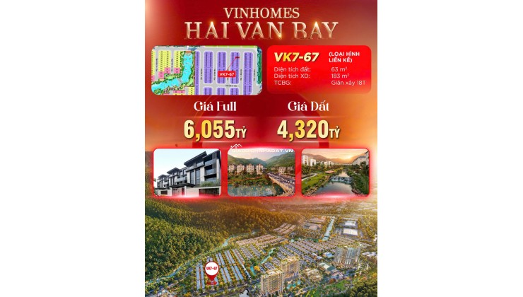 BÁN BIỆT THỰ LIỀN KỀ 63M2 GẦN BIỂN TẠI DỰ ÁN VINHOMES HẢI VÂN BAY CỦA CĐT GROUP
