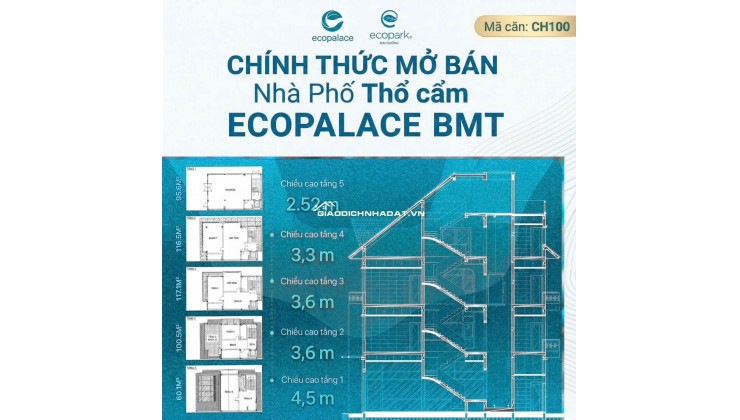  Bán shophouse Ecopalace ĐakLak 2 mặt tiền trục chính dự án, đối diện công viên, 5 tầng, 368m², giá hơn 18 tỷ