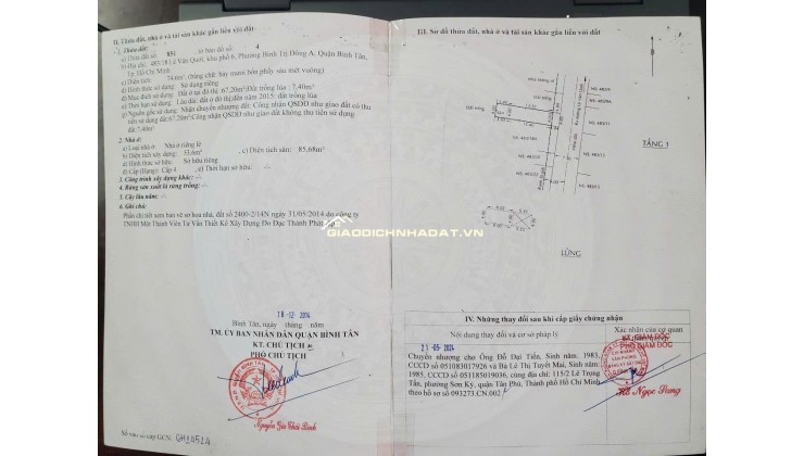 NHÀ VÀ ĐẤT TẠI P.BÌNH TRỊ ĐÔNG A - DT 126M2 - SHR - 8.5 TỶ TL. LH:0932688139