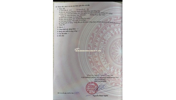 BÁN ĐẤT TẠI HOÁ AN, BIÊN HOÀ, ĐỒNG NAI, DT 4202 M2 SHR 12.5 TỶ. LH:0919228287.