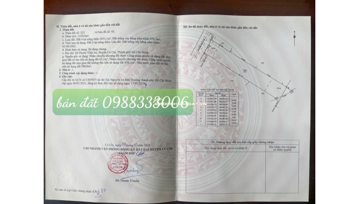 BÁN ĐẤT MT ĐƯỜNG BẦU GIÃ, CỦ CHI - DT 1.529,4M2 - SHR - 17TR/M2. LH:0988333006.