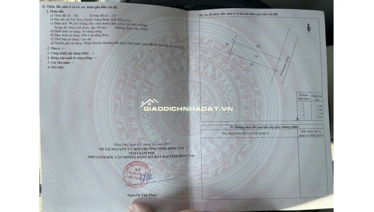 BÁN ĐẤT TÂY HOÀ, TRẢNG BOM, ĐỒNG NAI, DT 99,2 M2  - SHR – CHỈ 850TR. LH:0989508220.
