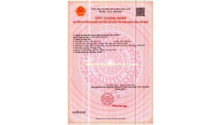 BÁN ĐẤT XÃ PHƯỚC THẠNH, TÂY NINH. 2 LÔ LIỀN KỀ. TỔNG DIỆN TÍCH 1556 M2 - SHR. LH:0786111122.