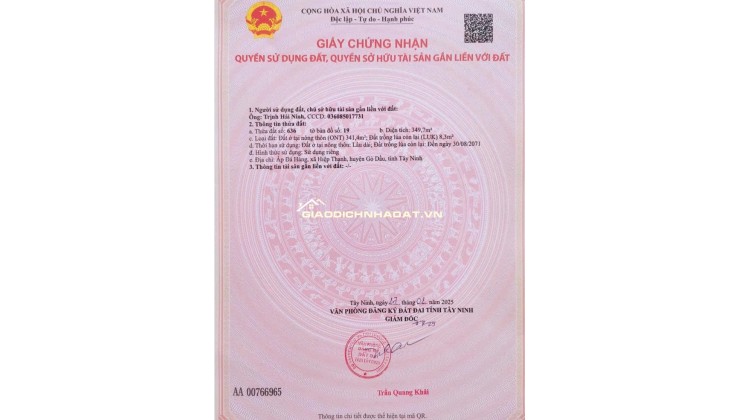 BÁN ĐẤT XÃ PHƯỚC THẠNH, TÂY NINH. 2 LÔ LIỀN KỀ. TỔNG DIỆN TÍCH 1556 M2 - SHR. LH:0786111122.