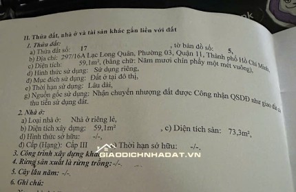 NHÀ QUẬN 11 LIỀN KỀ CÁC QUẬN KHÁC, AN NINH AN TOÀN. 5 TỶ 59.1 M2. LH:0903067772.