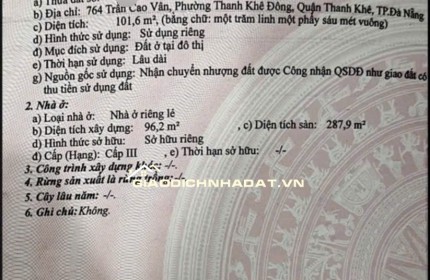 CHÍNH CHỦ BÁN NHÀ THANH KHÊ, ĐÀ NẴNG 102MV 3 TẦNG, SHR, CHỈ 15 TỶ. LH:0903969599