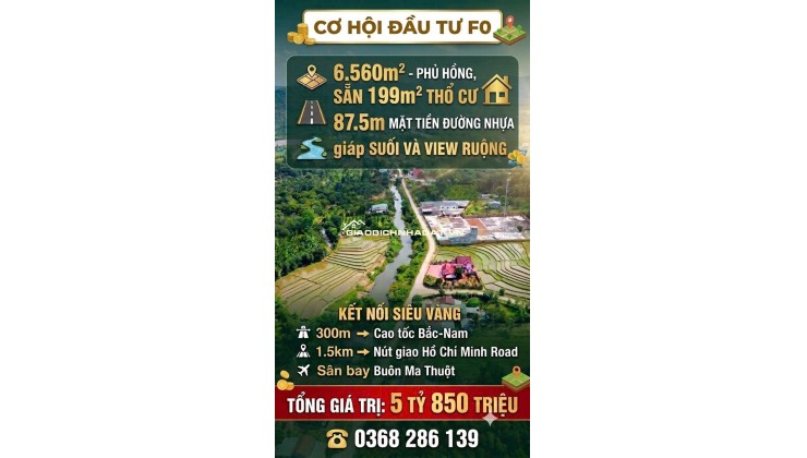 CƠ HỘI ĐẦU TƯ FO 6.560M² - PHỦ HỒNG, SẴN 199M² THỔ CƯ, CHỈ 5.5 TỶ. LH:0368286139