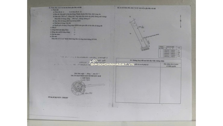 BÁN ĐẤT XÃ ĐỨC HUỆ - TÂY NINH MỚI. DT 10x80 SẴN SHR 4.5 TỶ. LH:0902414014