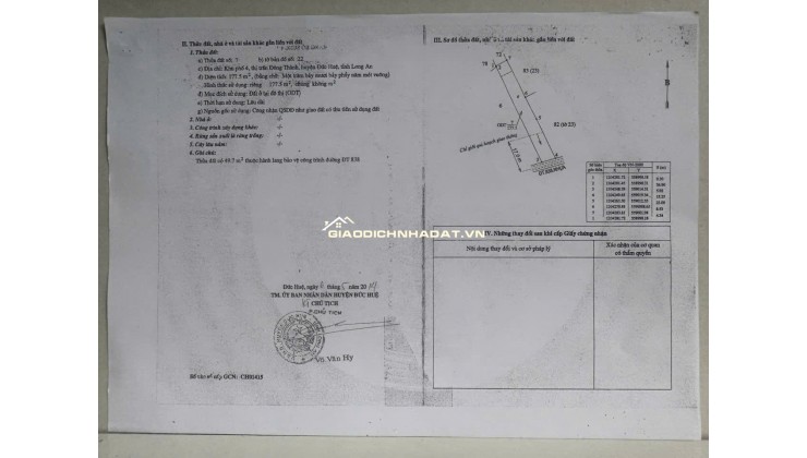 BÁN ĐẤT XÃ ĐỨC HUỆ - TÂY NINH MỚI. DT 10x80 SẴN SHR 4.5 TỶ. LH:0902414014