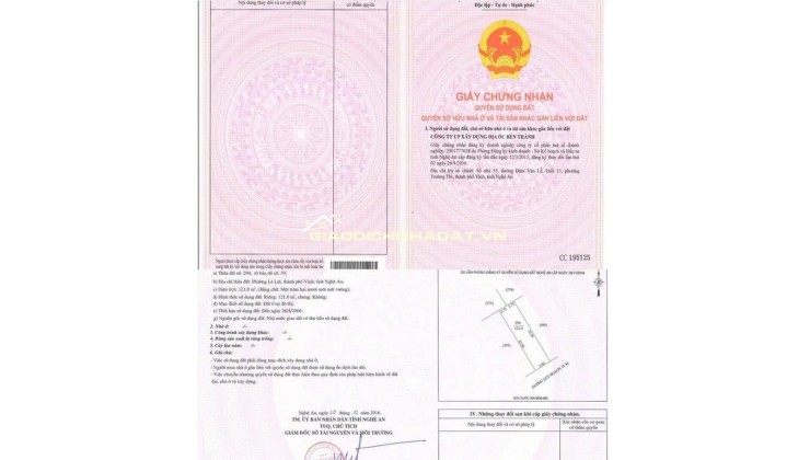 BÁN ĐẤT PHƯỜNG LÊ LỢI, TP.VINH - DT 121M2 VÀ 364M2 – SHR - GIÁ CHỈ TỪ 55TR/M2. LH:0903464999.