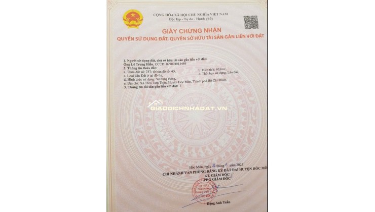 Bán đất thổ cư ở Thới Tam Thôn, Hóc Môn hẻm xe hơi