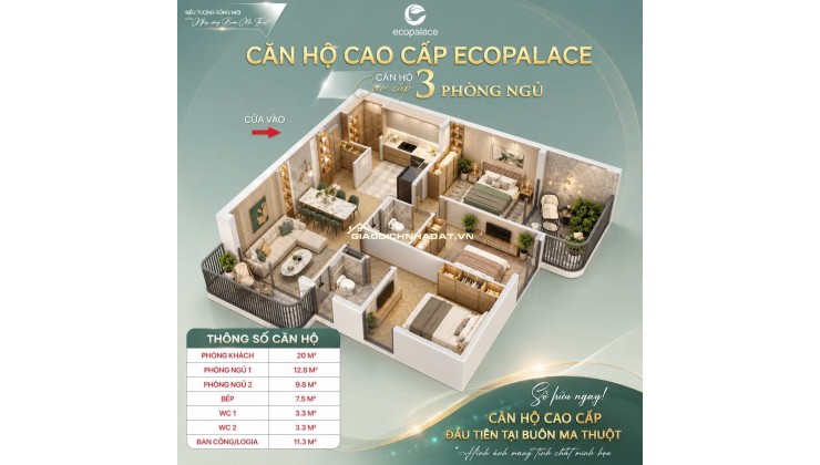 Căn hộ Ecopalace BMT - ECO 3015, căn góc 3 PN tầng cao, 85,3m2, 2 ban công, 2 view