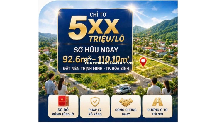 Bán đất đối diện trường Mầm Non Hợp Thành - TP Hòa Bình - 2 mặt tiền 110m2  5xx