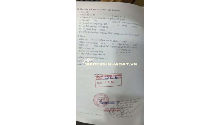 Chính chủ Bán đất full thổ cư ở Đoàn Văn Bơ P15 Quận 4